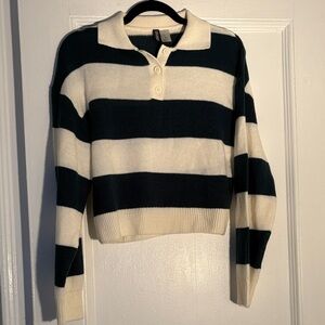 Striped Green and White Rugby Shirt Style Women's Sweater